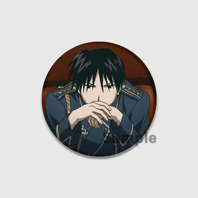 Fullmetal alchemist enamel brooch featuring an anime character with black spiky hair in a dark blue military uniform