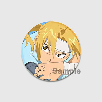 Circular fullmetal alchemist enamel brooch featuring a blonde anime character with a white headband in a dynamic pose