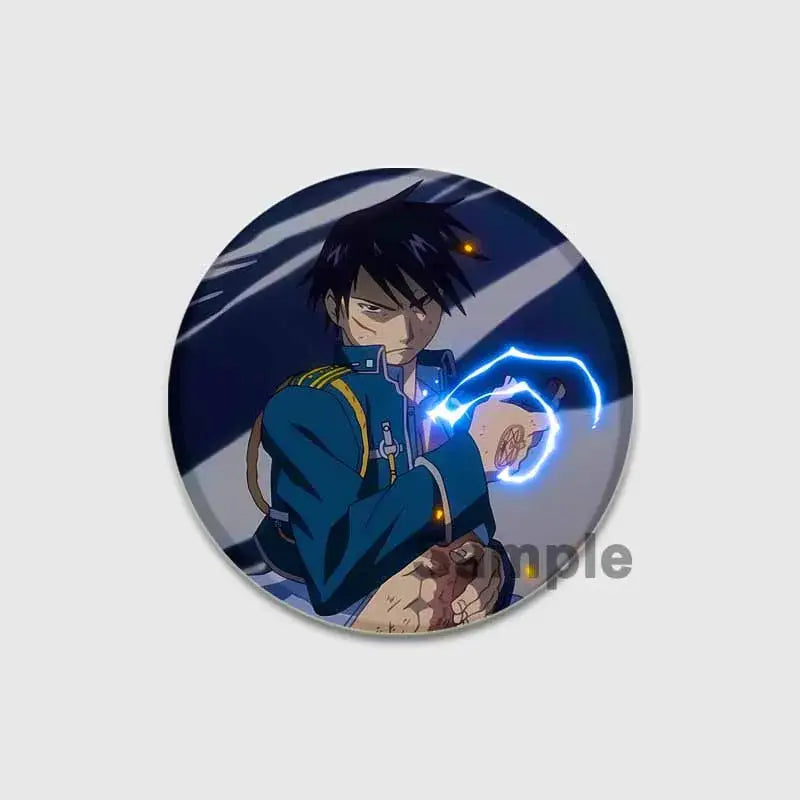 Circular fullmetal alchemist enamel brooch featuring anime character in dark blue uniform holding glowing blue energy