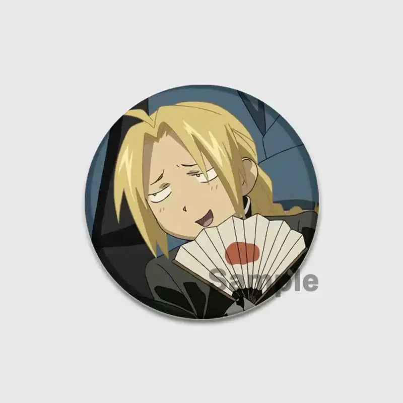 Circular fullmetal alchemist enamel brooch featuring blonde anime character in black outfit holding white fan with red design