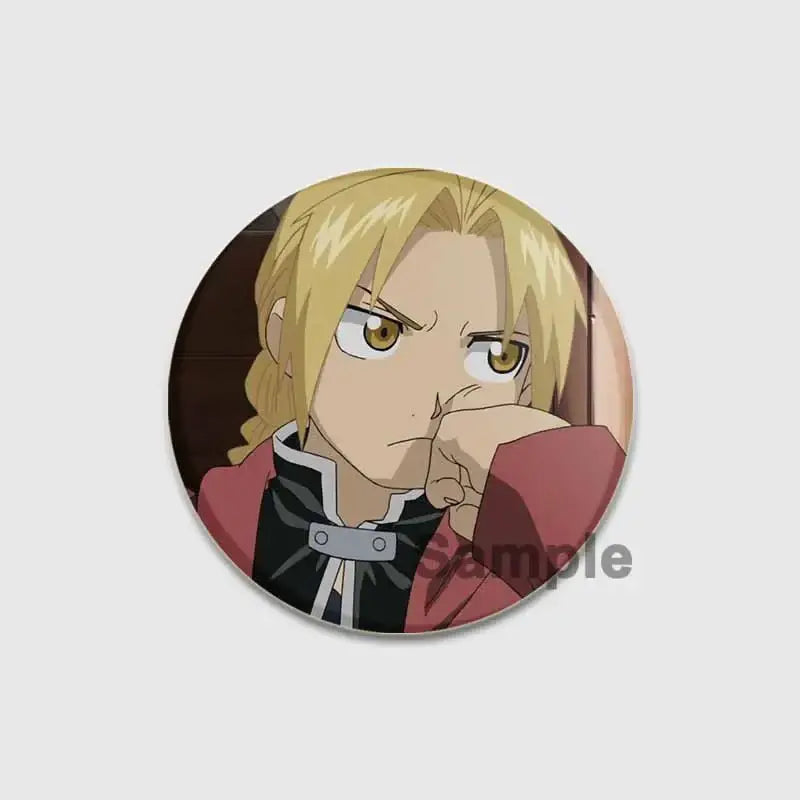 Circular fullmetal alchemist enamel brooch featuring a blonde anime character in red jacket with silver accents