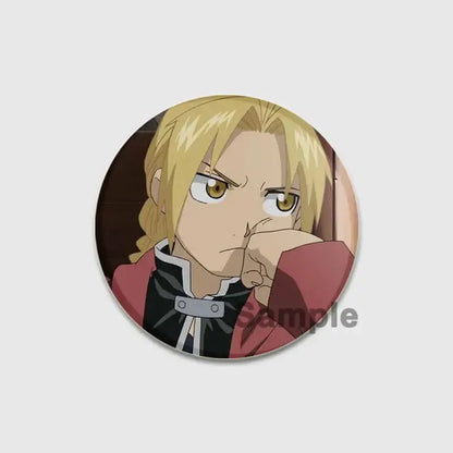 Circular fullmetal alchemist enamel brooch featuring a blonde anime character in red jacket with silver accents