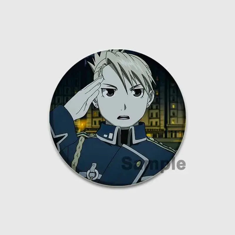 Fullmetal alchemist enamel brooch featuring silver-haired anime character in dark blue military uniform saluting at night