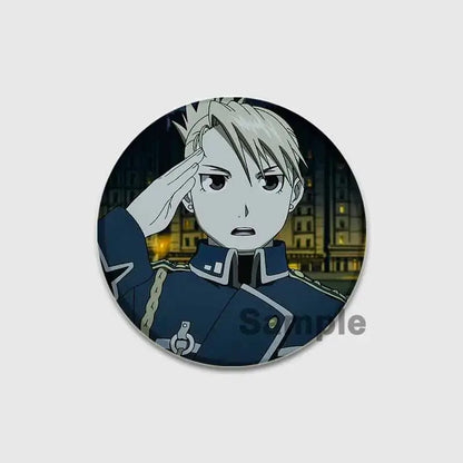 Fullmetal alchemist enamel brooch featuring silver-haired anime character in dark blue military uniform saluting at night