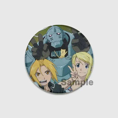 Fullmetal alchemist enamel brooch with edward and winry elric making peace signs and the iron giant background