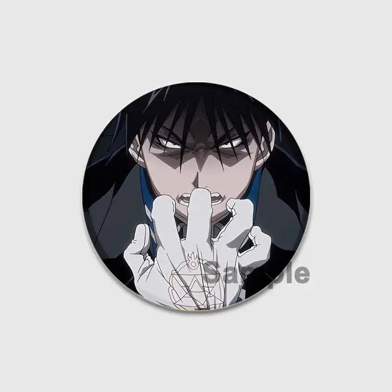 Black and white fullmetal alchemist enamel brooch featuring an anime character with intense eyes and intricate hand art