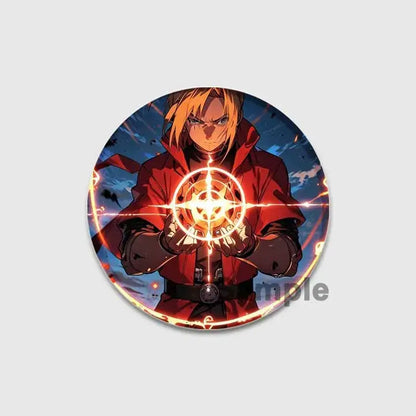 Circular fullmetal alchemist enamel brooch featuring anime character in red coat holding glowing orange energy sphere