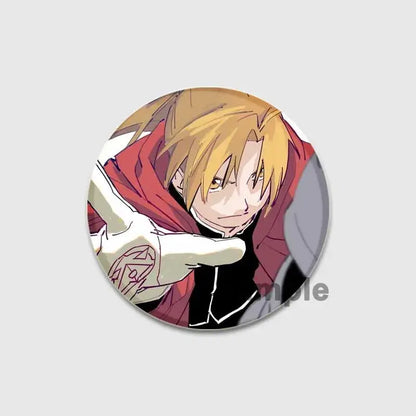 Circular fullmetal alchemist enamel brooch featuring a blonde anime character in a dynamic pose with red cloak