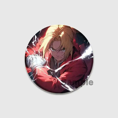 Circular fullmetal alchemist enamel brooch featuring blonde anime character in red coat with white lightning effects