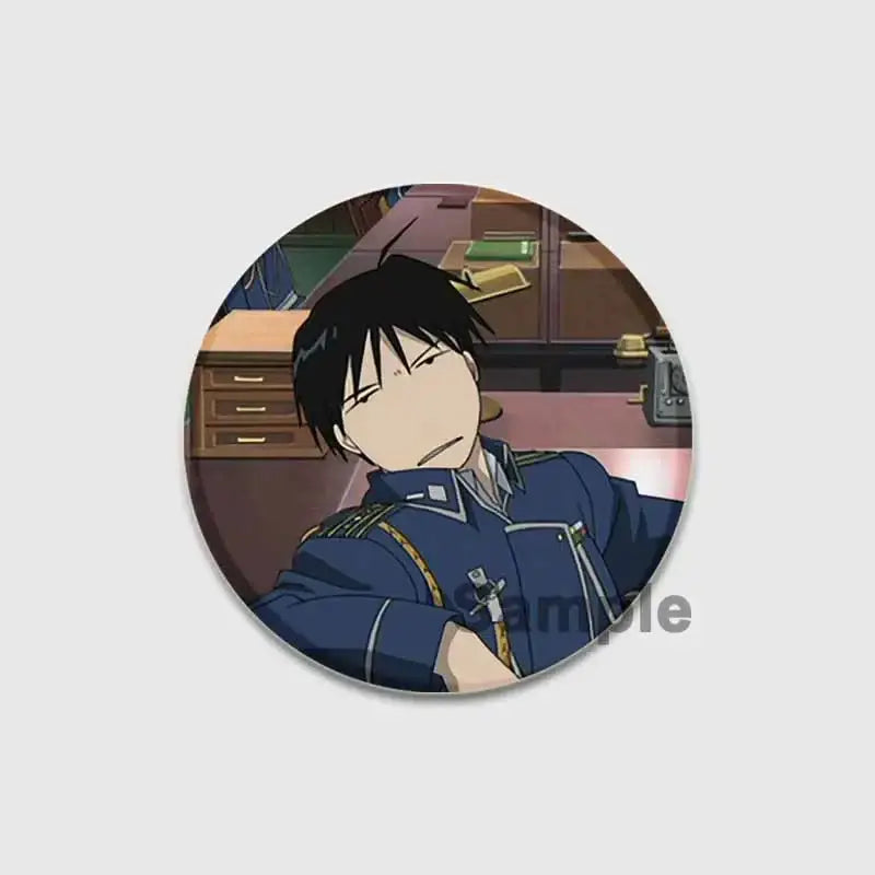 Fullmetal alchemist enamel brooch featuring a blue uniformed anime character with gold trim and silver zipper detail