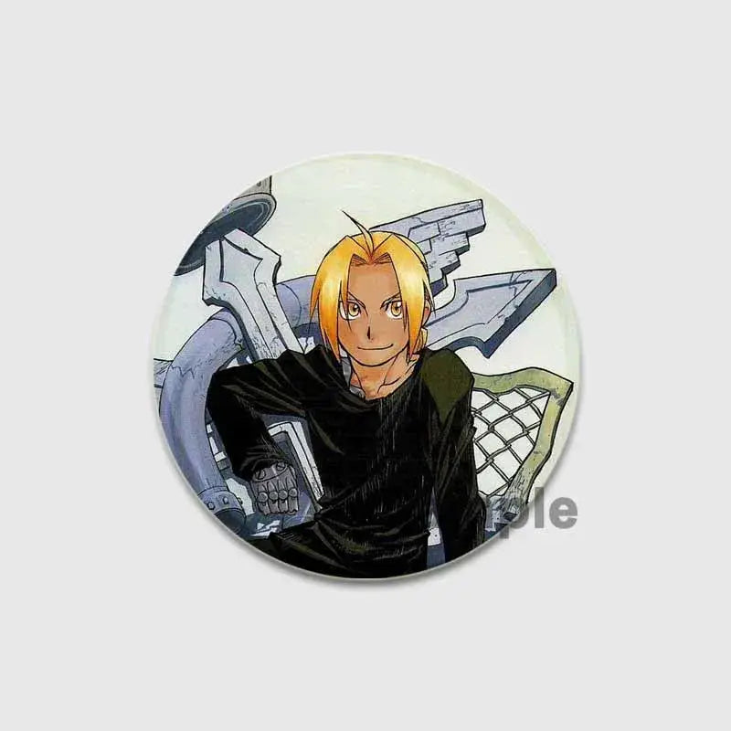 Circular fullmetal alchemist enamel brooch featuring a blonde anime character with mechanical wings in black outfit