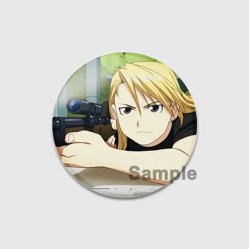 Circular fullmetal alchemist enamel brooch featuring a blonde anime character with a sniper rifle in black shirt