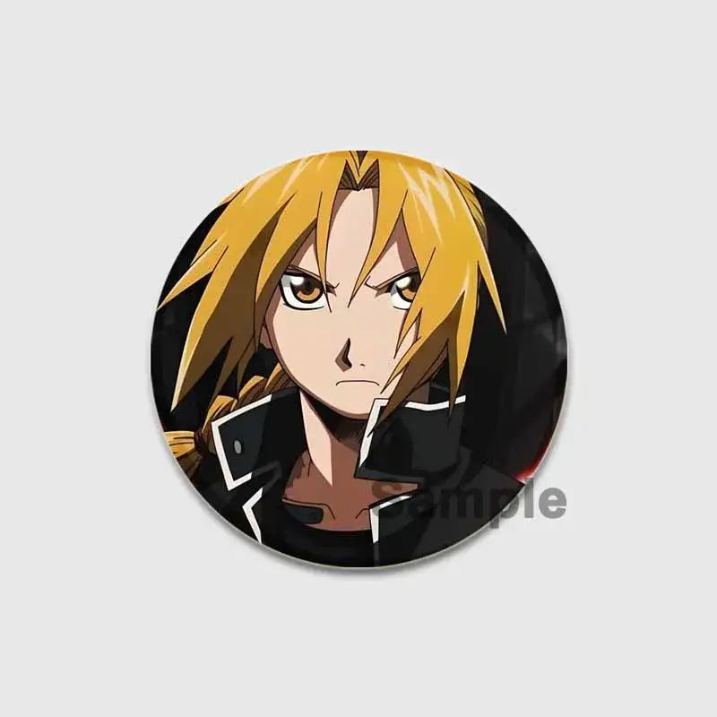 Fullmetal Alchemist enamel brooch featuring a handmade circular pin with an anime character in black and gold colors