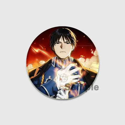Fullmetal alchemist enamel brooch featuring an anime character in blue uniform with white gloves on fiery background