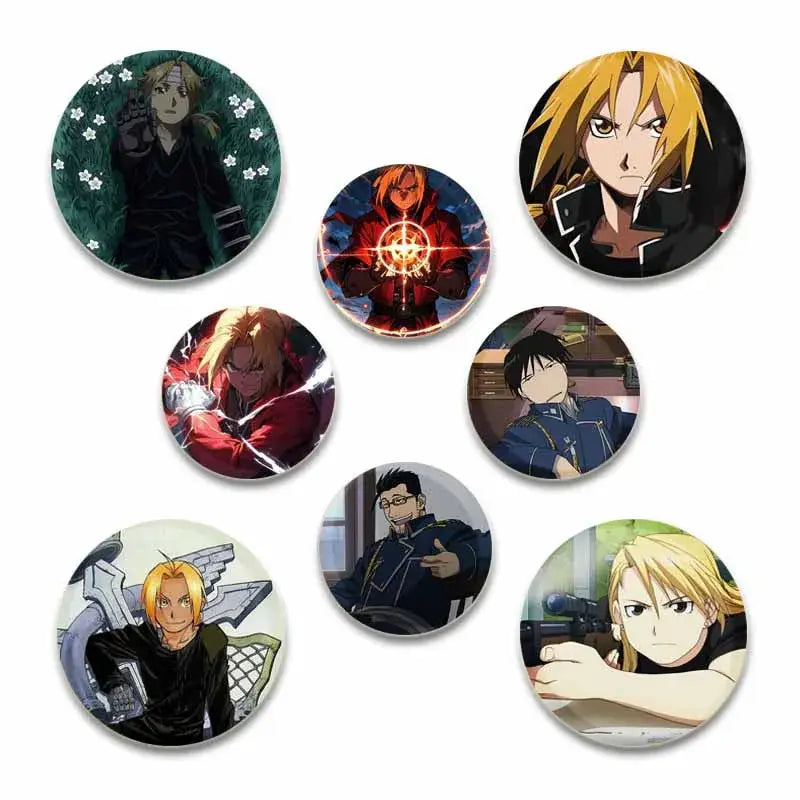 Set of seven circular fullmetal alchemist enamel brooches featuring colorful handmade anime character designs