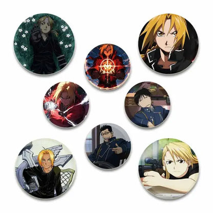 Set of seven circular fullmetal alchemist enamel brooches featuring colorful handmade anime character designs