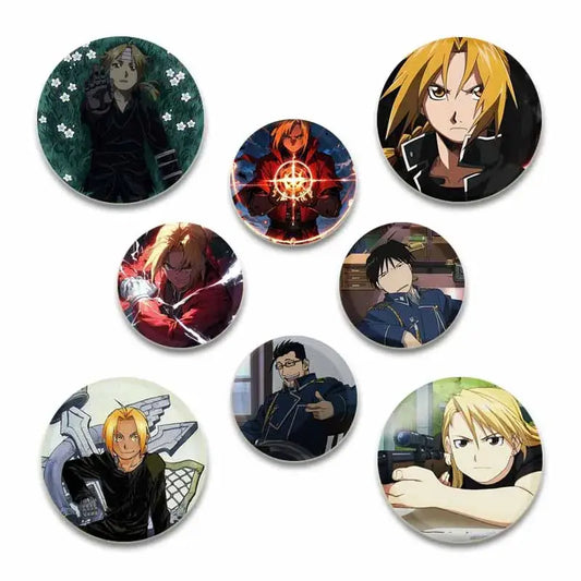 Set of seven circular fullmetal alchemist enamel brooches featuring colorful handmade anime character designs