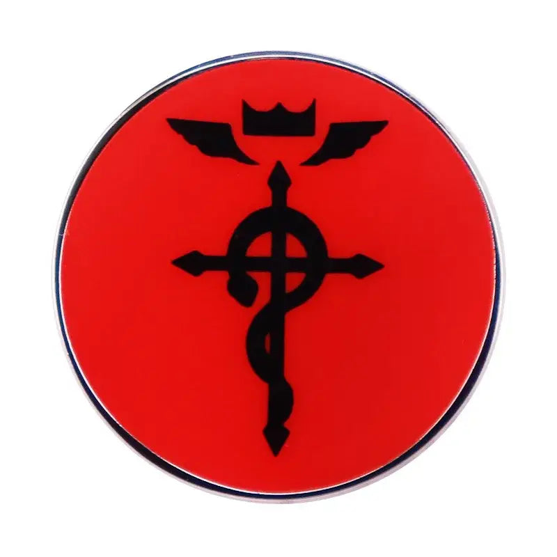 Fullmetal alchemist enamel pin brooch badge featuring a red circular metal design with black caduceus wings and a crown