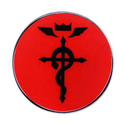 Fullmetal alchemist enamel pin brooch badge featuring a red circular metal design with black caduceus wings and a crown