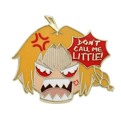 Gold-colored fullmetal alchemist enamel pin featuring an anime character with fiery hair and a bold brooch badge design