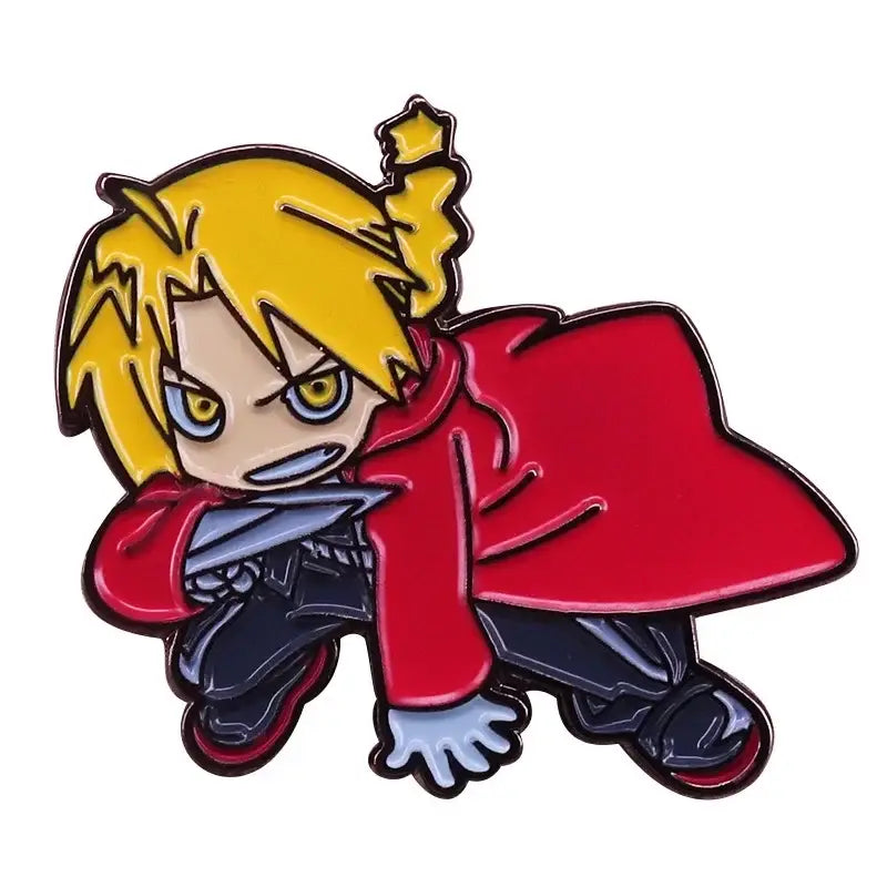 Vibrant fullmetal alchemist enamel pin featuring a chibi blonde character in red cloak holding a sword brooch badge