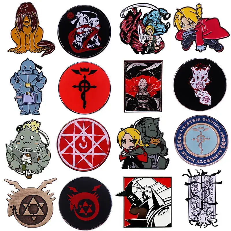Fullmetal alchemist enamel pin collection featuring metal brooch badges with characters and the state alchemist emblem
