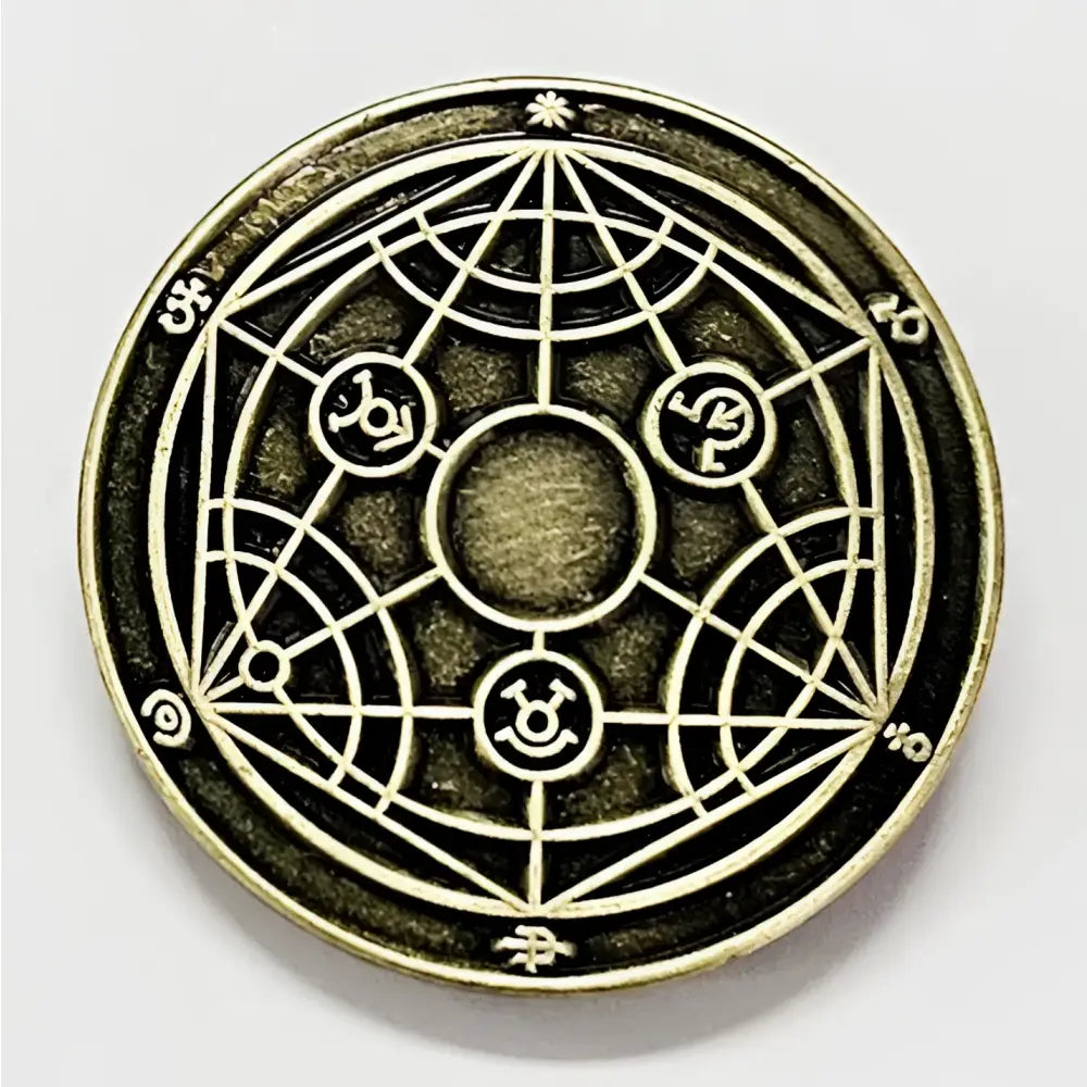 Antique brass fullmetal alchemist enamel pin featuring intricate geometric designs as a brooch badge accessory