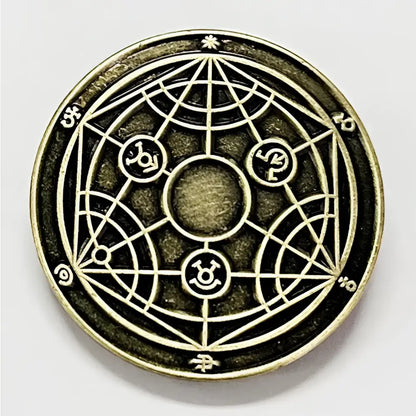 Antique brass fullmetal alchemist enamel pin featuring intricate geometric designs as a brooch badge accessory