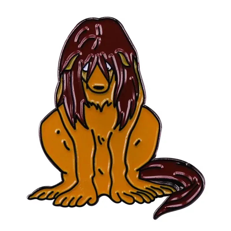 Fullmetal alchemist enamel pin featuring a cartoonish lion brooch badge with maroon mane and orange body in metal design