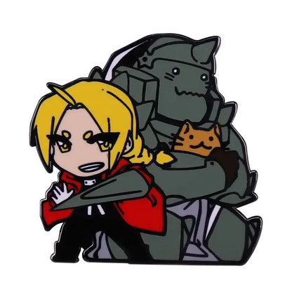Chibi-style fullmetal alchemist enamel pin brooch badge featuring edward elric in red coat with automail and cat
