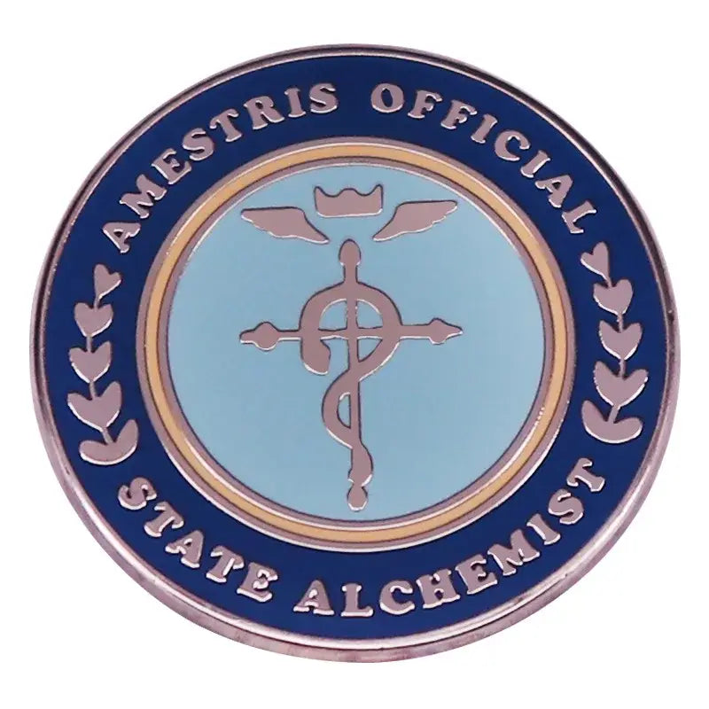 Blue and silver enamel fullmetal alchemist brooch badge featuring caduceus symbol and amestris official state alchemist text