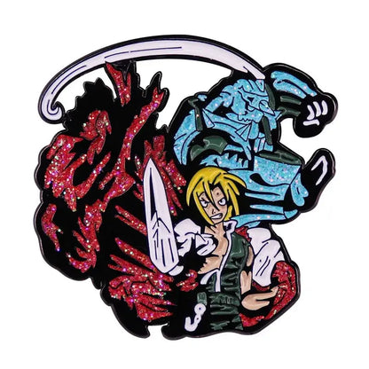 Fullmetal alchemist enamel pin featuring a glittery brooch badge of a blonde character with sword and glowing red blue figures