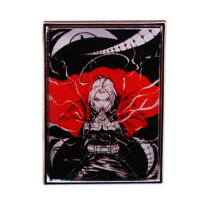 Rectangular fullmetal alchemist enamel pin featuring silver hair anime character with red cape and metallic frame brooch badge