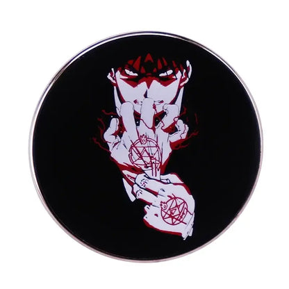Black enamel fullmetal alchemist enamel pin with silver border featuring stylized anime character and pentagram tattoos