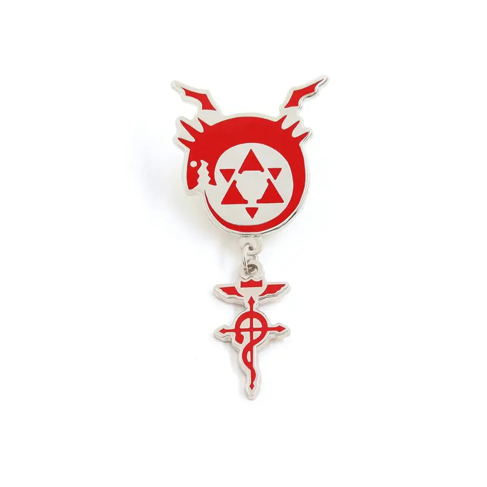 Red and silver enamel pin featuring fullmetal alchemist flamel homunculus logo with dragon head and red caduceus symbol