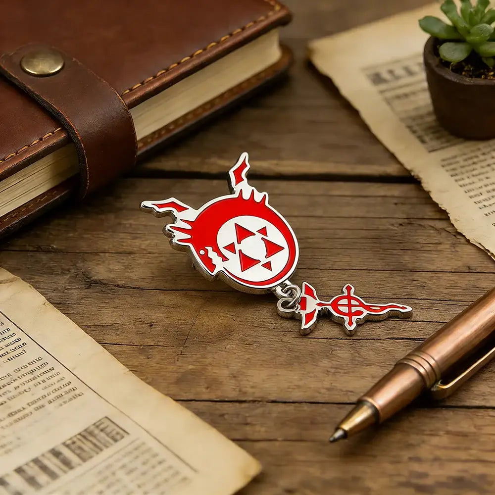 Red and white enamel pin of fullmetal alchemist flamel featuring a stylized homunculus logo with triangular patterns
