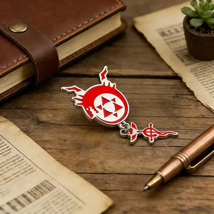 Red and white enamel pin of fullmetal alchemist flamel featuring a stylized homunculus logo with triangular patterns