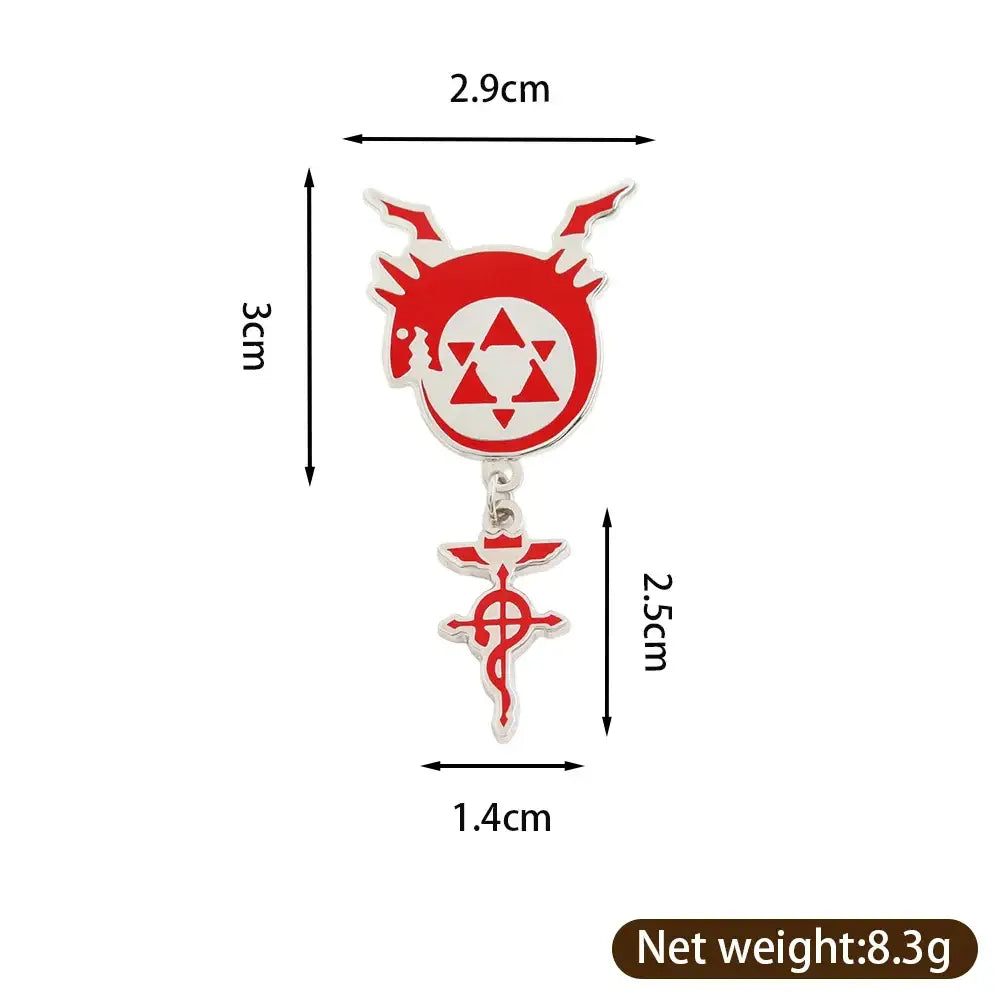 Red and white enamel pin featuring the fullmetal alchemist flamel homunculus logo with a demonic head and cross pendant