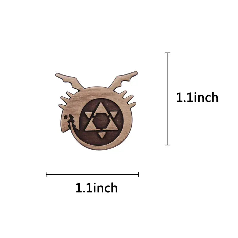 Wooden metal badge featuring a stylized horned creature with intricate geometric design fullmetal alchemist enamel pin