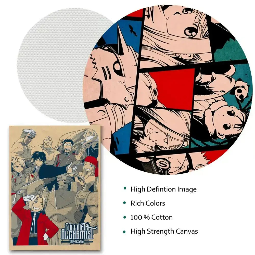 Fullmetal alchemist retro calligraphy canvas poster features bold comic-style illustration in vibrant reds blues and teals