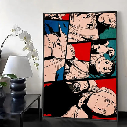 Framed fullmetal alchemist retro canvas poster featuring bold pop-art manga illustrations with alchemist retro calligraphy