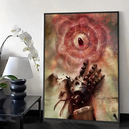 Framed fullmetal alchemist retro calligraphy canvas poster with mechanical hand reaching glowing red and gold sigil