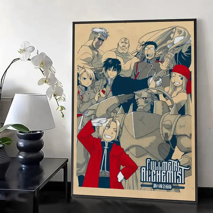 A fullmetal alchemist retro calligraphy canvas poster with beige background and bold black lettering in a frame
