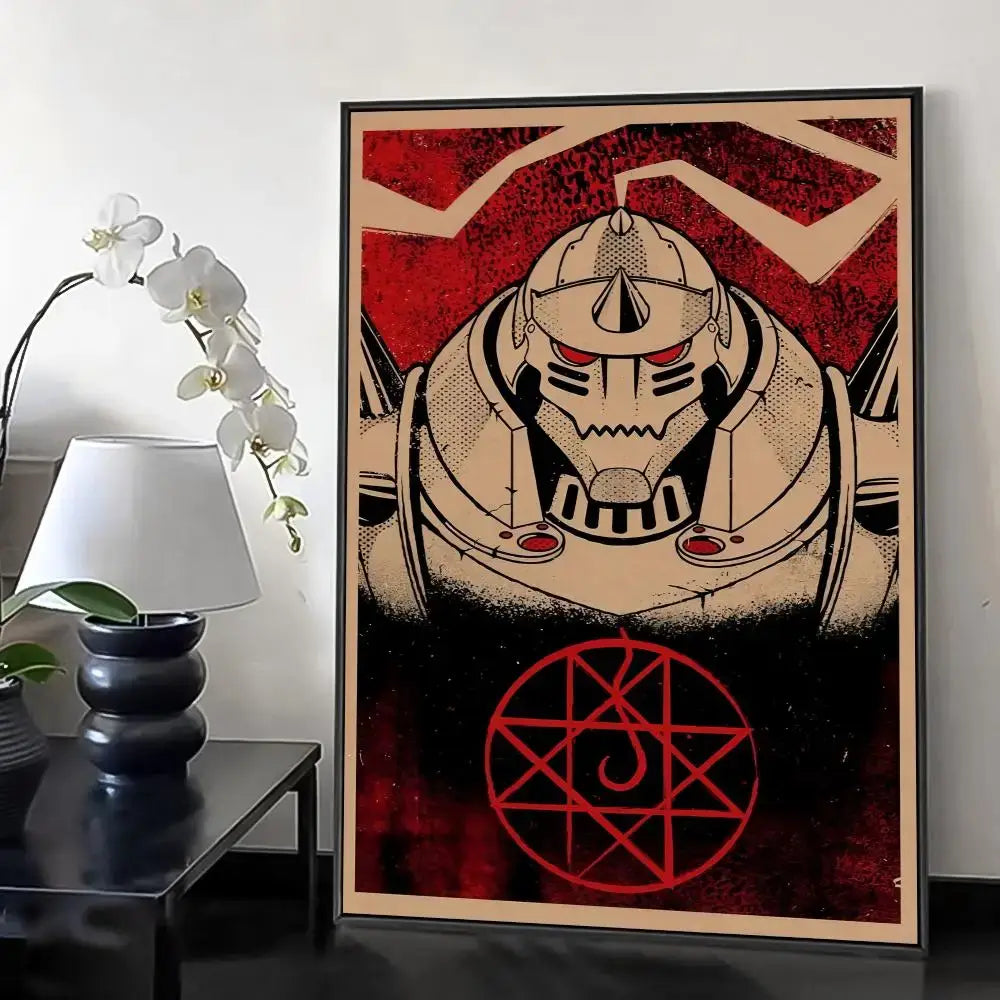 A framed fullmetal alchemist retro canvas poster with a beige and red gundam illustration and glowing red eyes