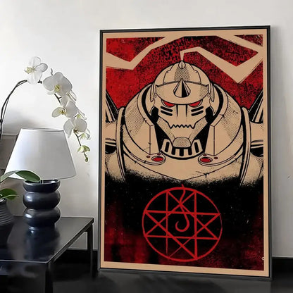 A framed fullmetal alchemist retro canvas poster with a beige and red gundam illustration and glowing red eyes