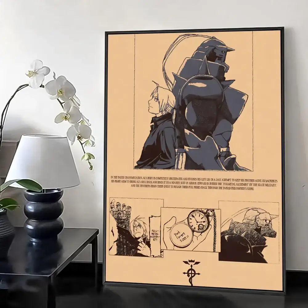A fullmetal alchemist retro canvas poster with black and white anime illustration and alchemist retro calligraphy design