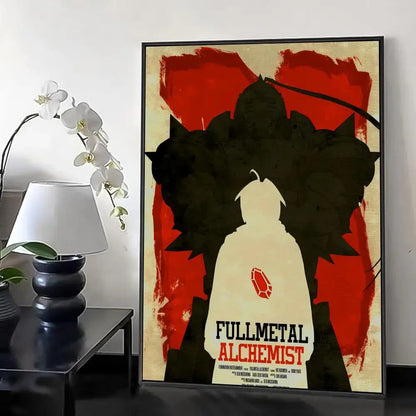 A fullmetal alchemist retro canvas poster featuring edward elric silhouette with red black abstract shapes and calligraphy text