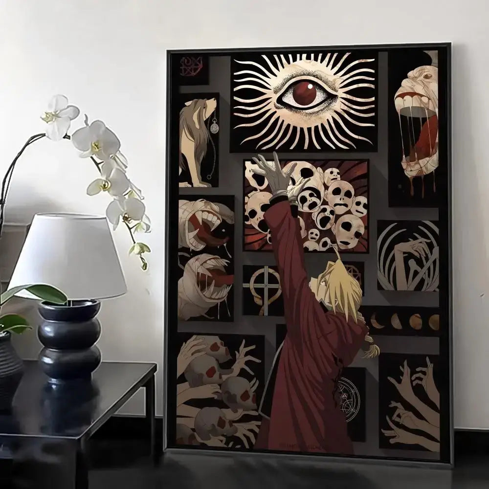 A fullmetal alchemist retro calligraphy canvas poster featuring a red eye and dark anime-style panels of skulls and faces