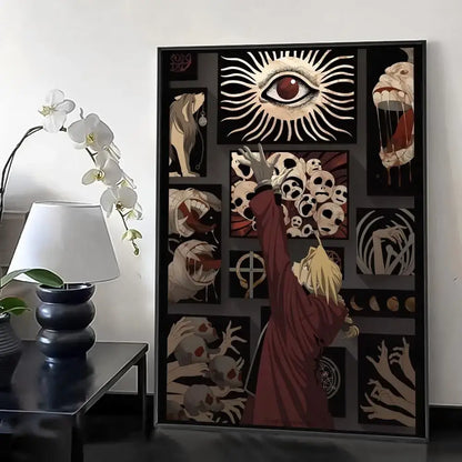 A fullmetal alchemist retro calligraphy canvas poster featuring a red eye and dark anime-style panels of skulls and faces
