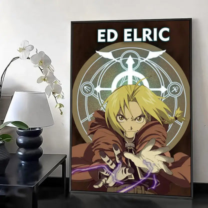 Framed fullmetal alchemist retro canvas poster featuring ed elric with blonde hair and alchemist retro calligraphy design